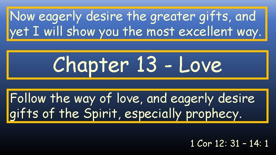 Now eagerly desire the greater gifts, and yet I will show you the most