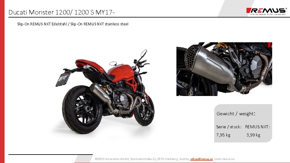 Ducati Monster 1200/ 1200 S MY 17 Slip-On REMUS NXT Edelstahl / Slip-On REMUS