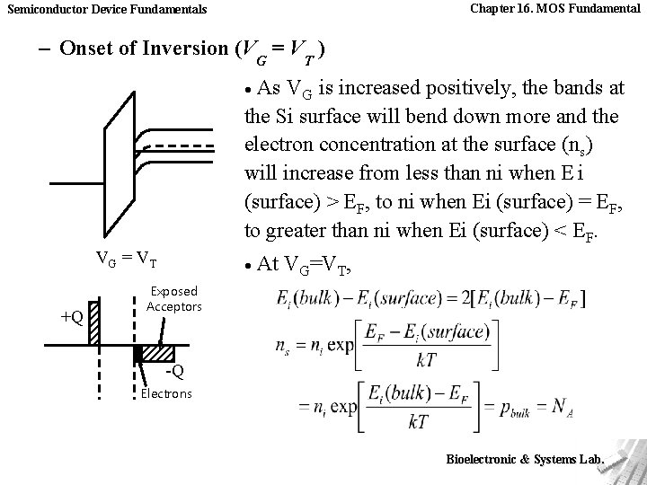 Chapter 16. MOS Fundamental Semiconductor Device Fundamentals – Onset of Inversion (VG = VT