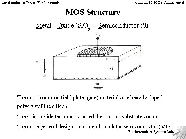 Chapter 16. MOS Fundamental Semiconductor Device Fundamentals MOS Structure Metal - Oxide (Si. O