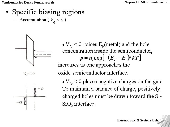 Chapter 16. MOS Fundamental Semiconductor Device Fundamentals • Specific biasing regions – Accumulation (