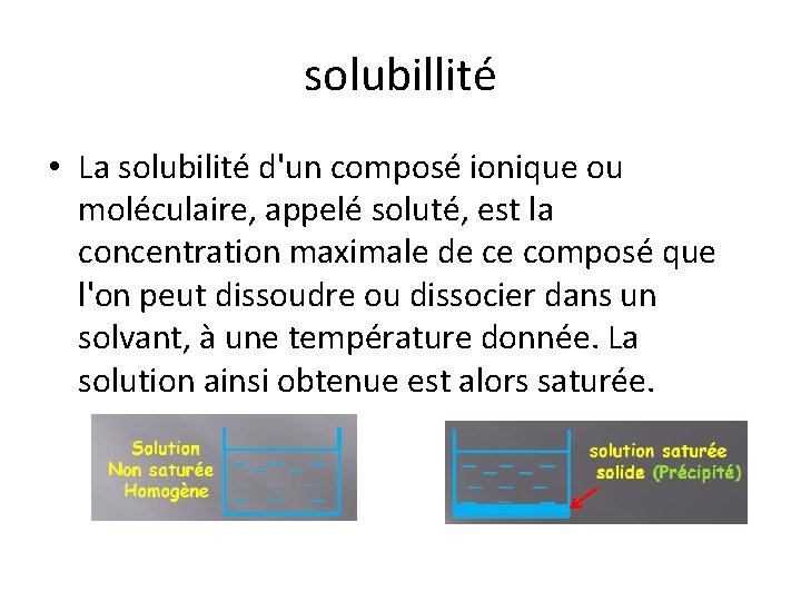 solubillité • La solubilité d'un composé ionique ou moléculaire, appelé soluté, est la concentration