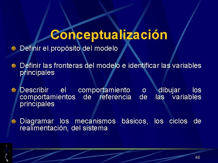 Conceptualización Definir el propósito del modelo Definir las fronteras del modelo e identificar las
