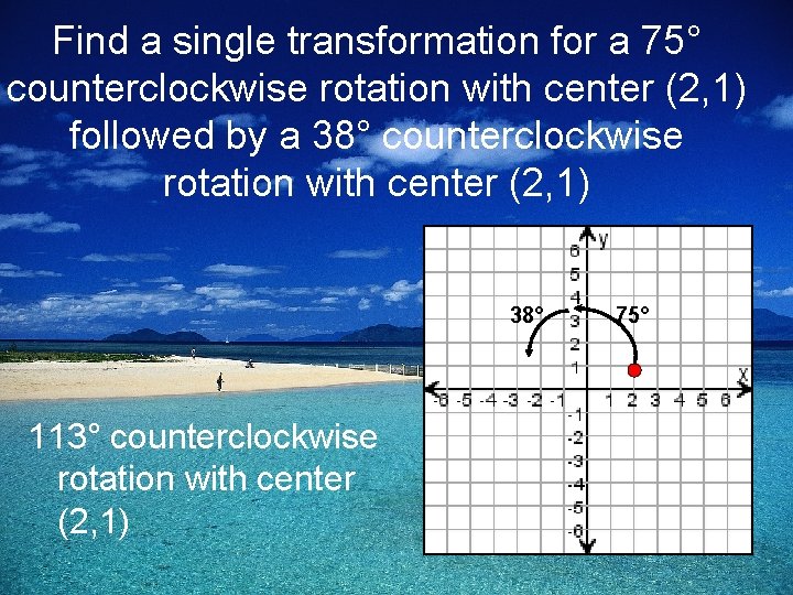 Find a single transformation for a 75° counterclockwise rotation with center (2, 1) followed