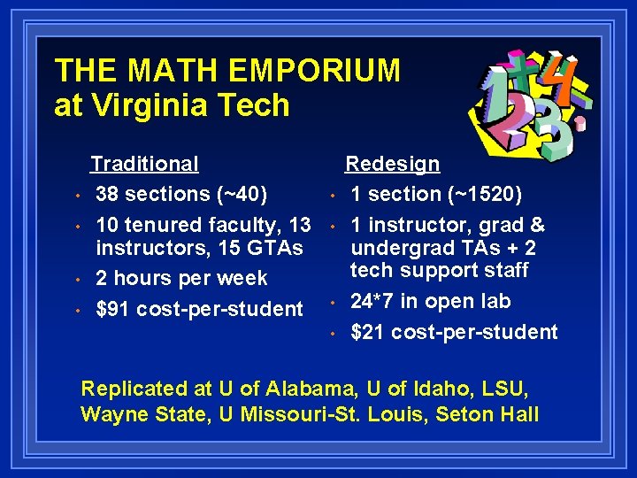 THE MATH EMPORIUM at Virginia Tech • • Traditional 38 sections (~40) 10 tenured