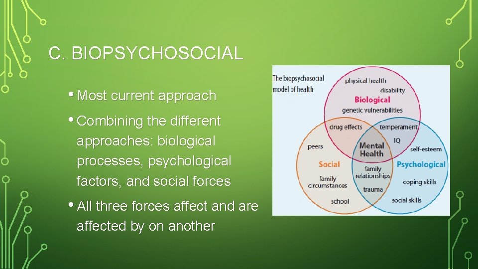 C. BIOPSYCHOSOCIAL • Most current approach • Combining the different approaches: biological processes, psychological