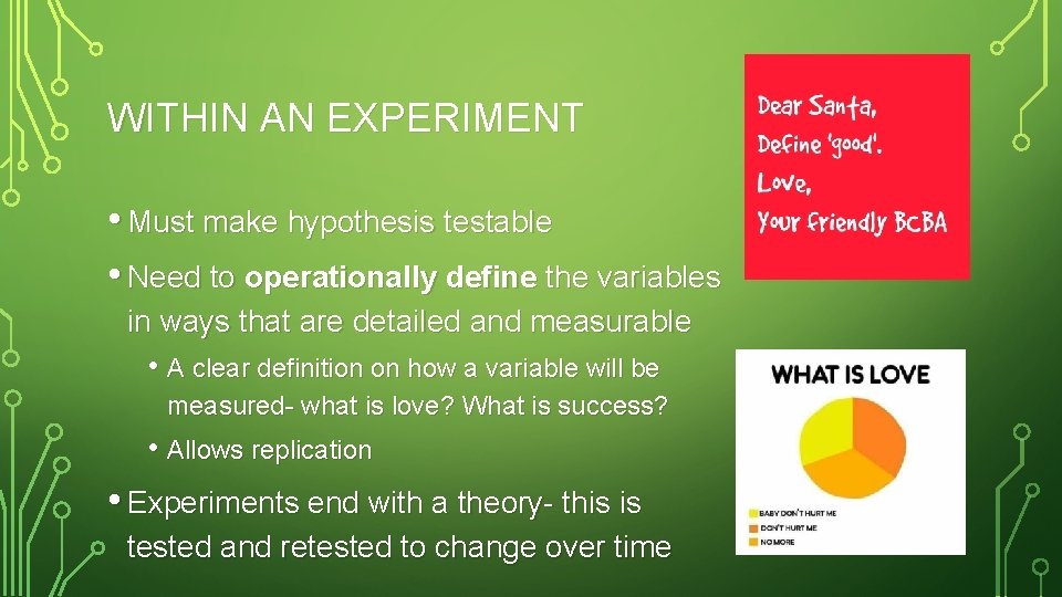 WITHIN AN EXPERIMENT • Must make hypothesis testable • Need to operationally define the