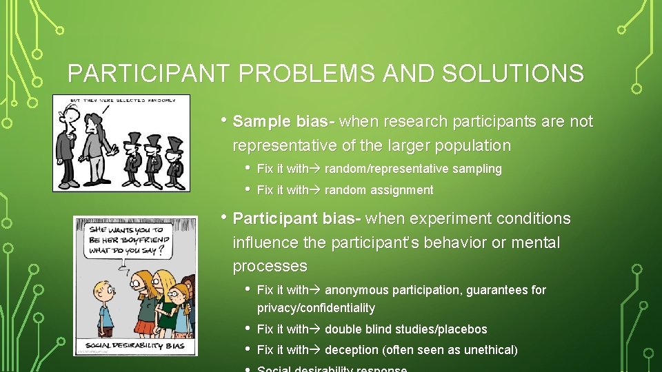 PARTICIPANT PROBLEMS AND SOLUTIONS • Sample bias- when research participants are not representative of