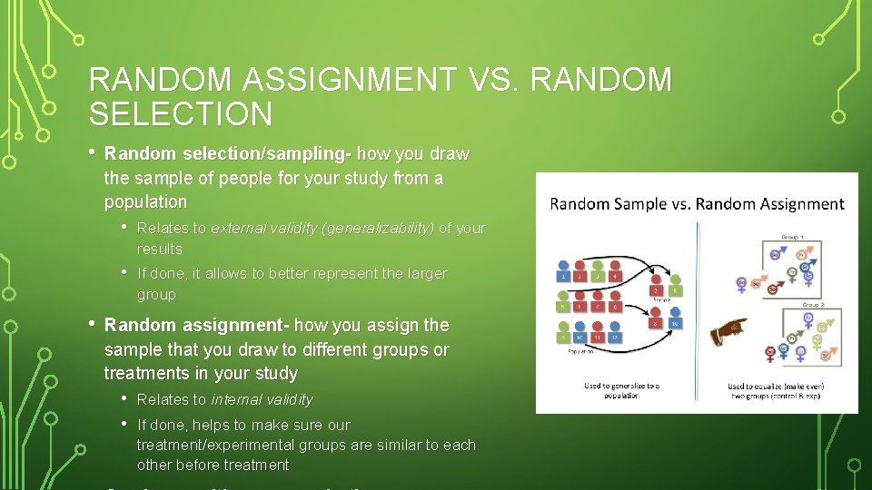 RANDOM ASSIGNMENT VS. RANDOM SELECTION • • Random selection/sampling- how you draw the sample