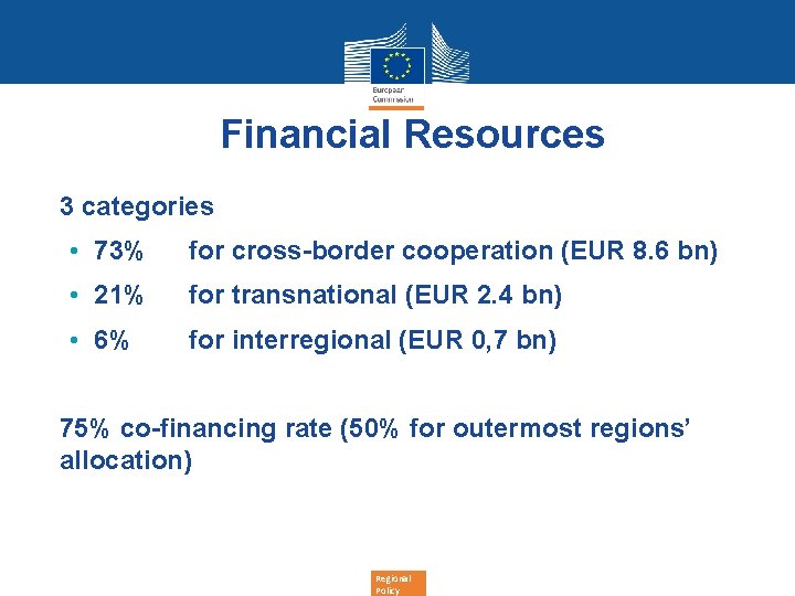 Financial Resources • 3 categories • 73% for cross-border cooperation (EUR 8. 6 bn)