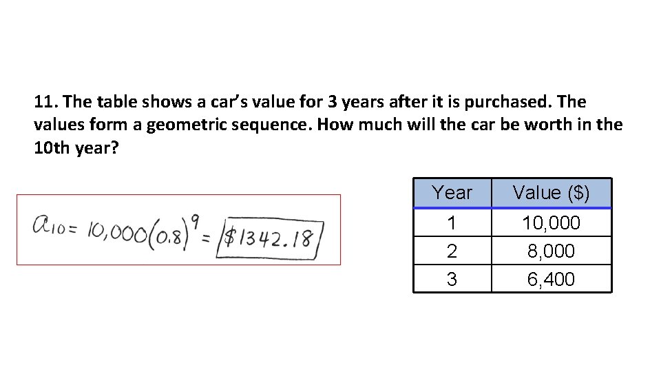 11. The table shows a car’s value for 3 years after it is purchased.