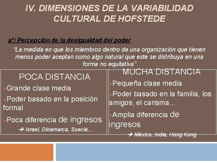 IV. DIMENSIONES DE LA VARIABILIDAD CULTURAL DE HOFSTEDE a°/ Percepción de la desigualdad del