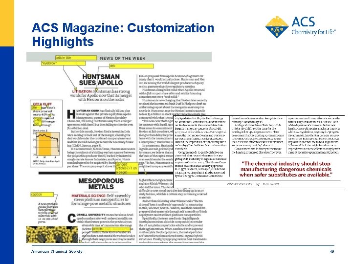 ACS Magazine: Customization Highlights American Chemical Society 49 