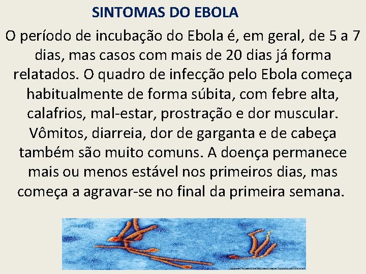SINTOMAS DO EBOLA O período de incubação do Ebola é, em geral, de 5