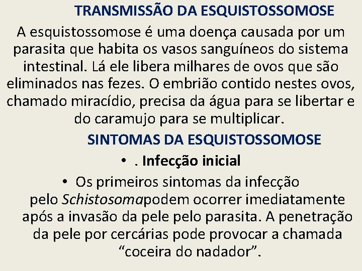 TRANSMISSÃO DA ESQUISTOSSOMOSE A esquistossomose é uma doença causada por um parasita que habita
