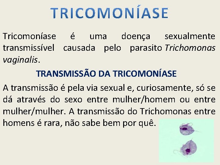 Tricomoníase é uma doença sexualmente transmissível causada pelo parasito Trichomonas vaginalis. TRANSMISSÃO DA TRICOMONÍASE