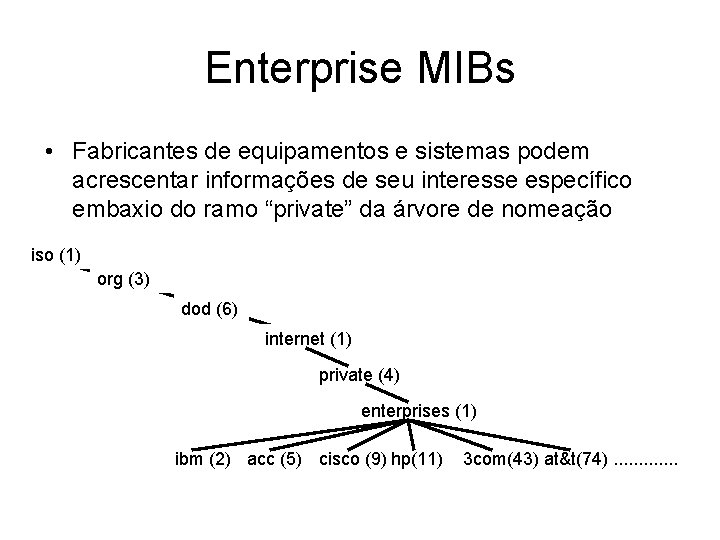 Enterprise MIBs • Fabricantes de equipamentos e sistemas podem acrescentar informações de seu interesse