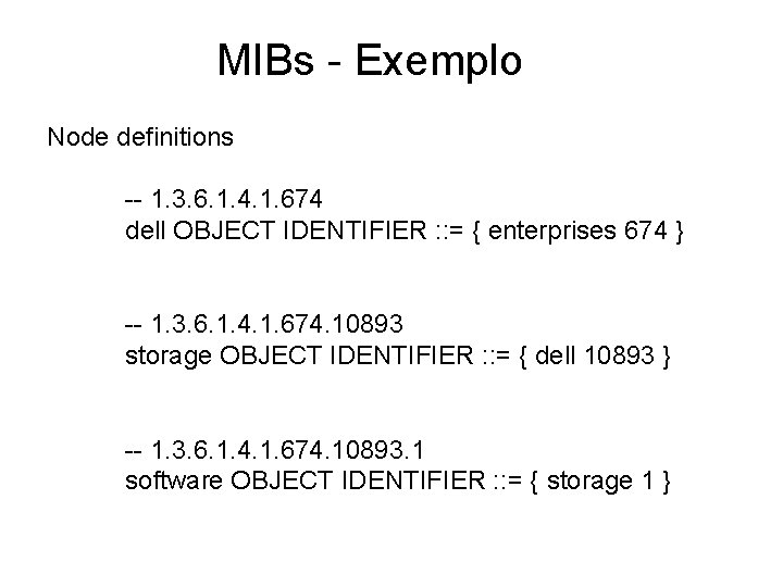 MIBs - Exemplo Node definitions -- 1. 3. 6. 1. 4. 1. 674 dell