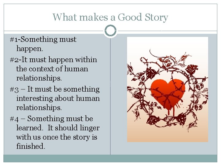 What makes a Good Story #1 -Something must happen. #2 -It must happen within