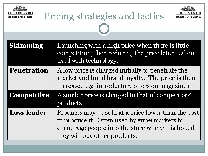 Pricing strategies and tactics Skimming Launching with a high price when there is little