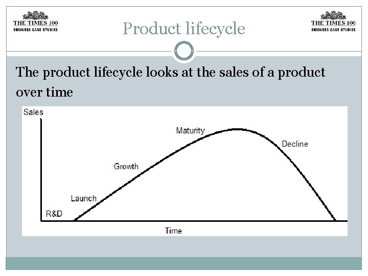 Product lifecycle The product lifecycle looks at the sales of a product over time