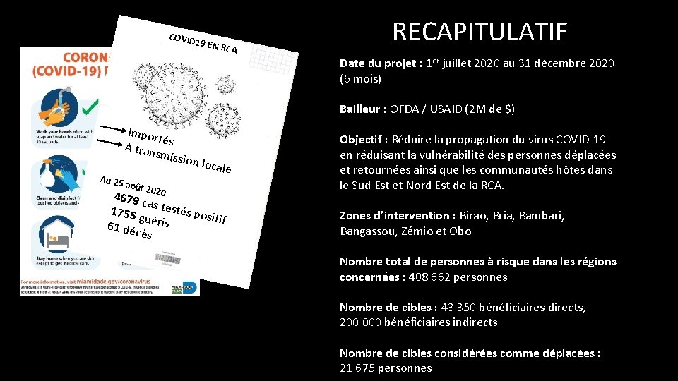 COVID 19 EN RCA RECAPITULATIF Date du projet : 1 er juillet 2020 au