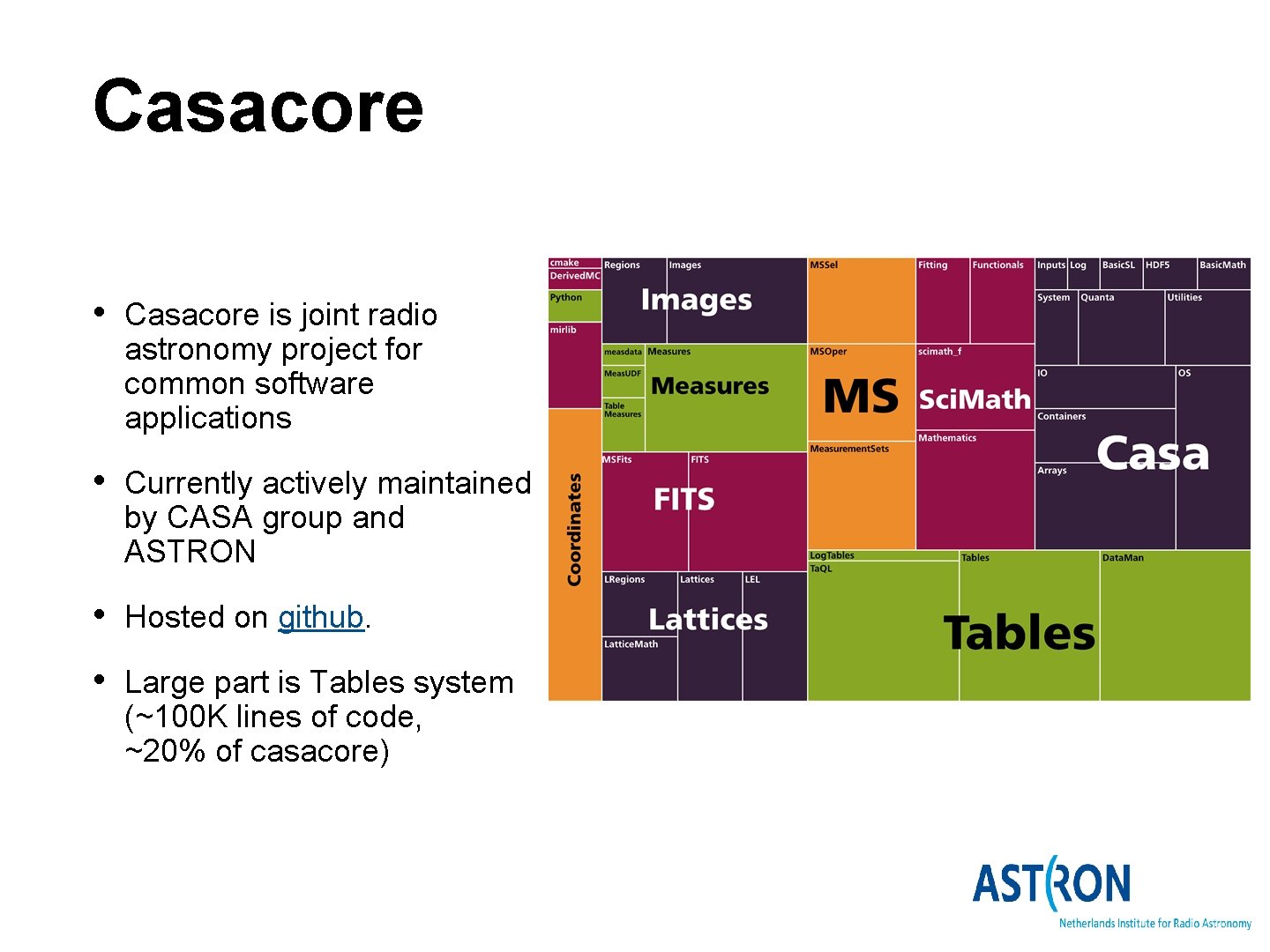 Casacore • Casacore is joint radio astronomy project for common software applications • Currently