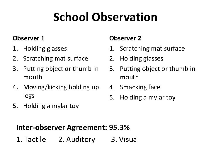 School Observation Observer 1 1. Holding glasses 2. Scratching mat surface 3. Putting object