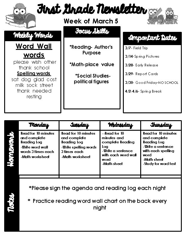 First Grade Newsletter Week of March 5 Weekly Words Focus Skills Important Dates Word