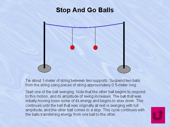 Stop And Go Balls Tie about 1 -meter of string between two supports. Suspend