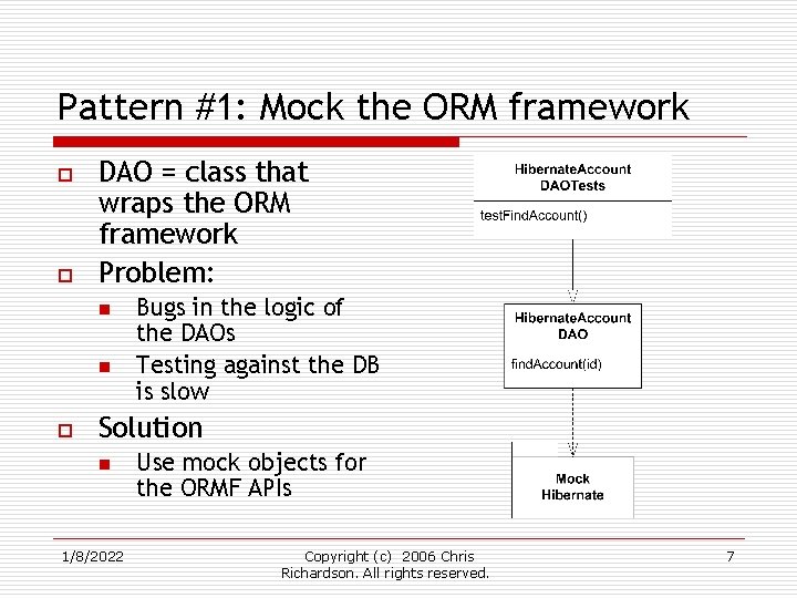 Pattern #1: Mock the ORM framework o o DAO = class that wraps the