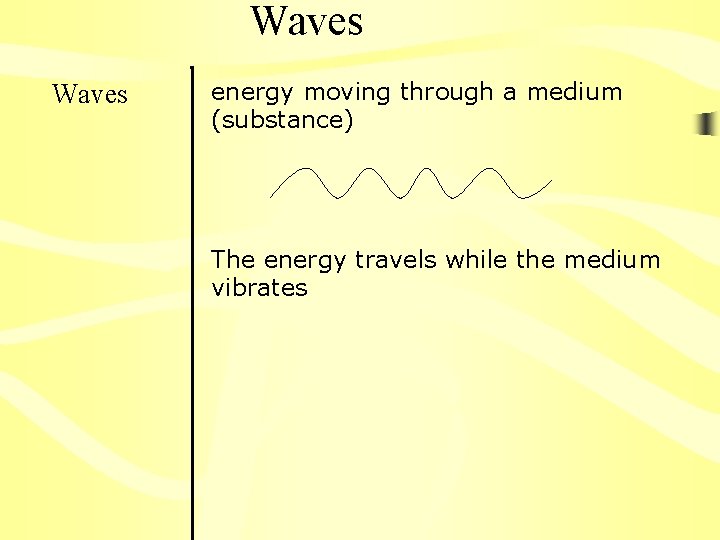 Waves energy moving through a medium (substance) The energy travels while the medium vibrates