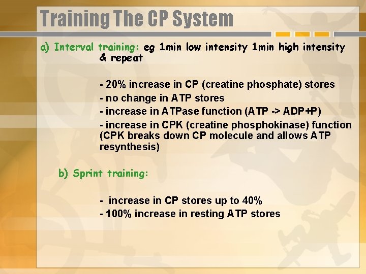 Training The CP System a) Interval training: eg 1 min low intensity 1 min