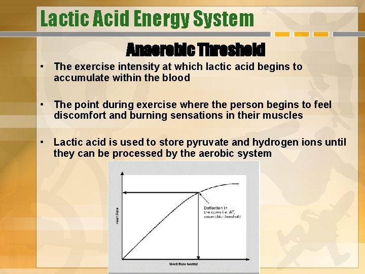 Lactic Acid Energy System Anaerobic Threshold • The exercise intensity at which lactic acid