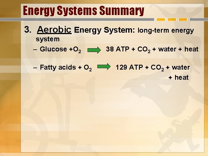 Energy Systems Summary 3. Aerobic Energy System: long-term energy system – Glucose +O 2