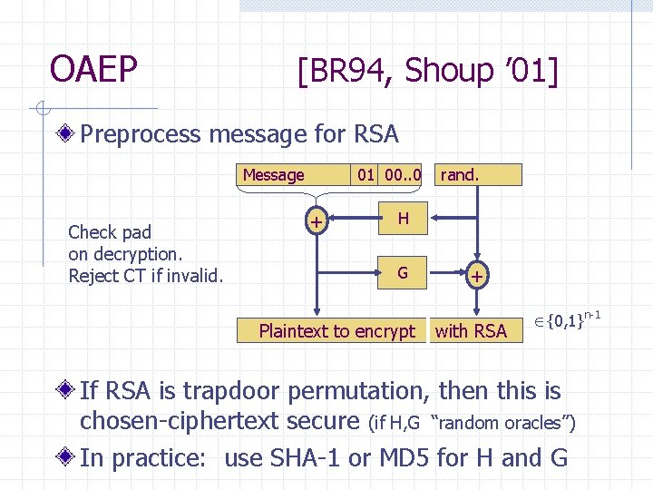 OAEP [BR 94, Shoup ’ 01] Preprocess message for RSA Message Check pad on