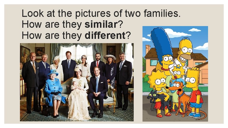 Look at the pictures of two families. How are they similar? How are they