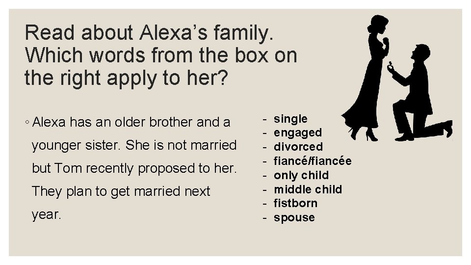 Read about Alexa’s family. Which words from the box on the right apply to