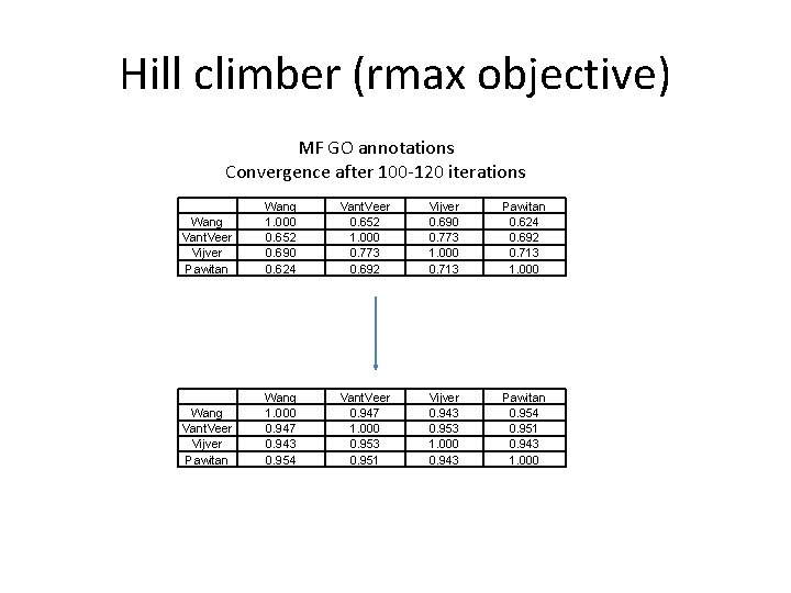Hill climber (rmax objective) MF GO annotations Convergence after 100 -120 iterations Wang Vant.