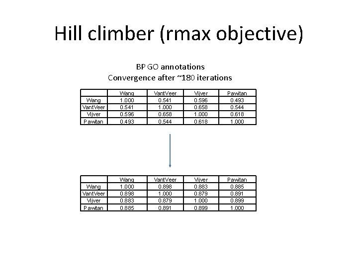 Hill climber (rmax objective) BP GO annotations Convergence after ~180 iterations Wang Vant. Veer