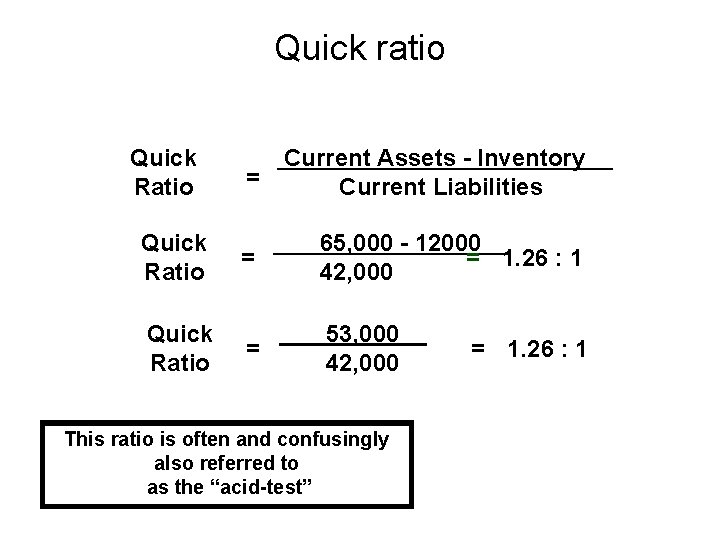 Quick ratio Quick Ratio Current Assets - Inventory = Current Liabilities = 65, 000