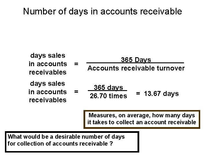 Number of days in accounts receivable days sales in accounts receivables = = 365