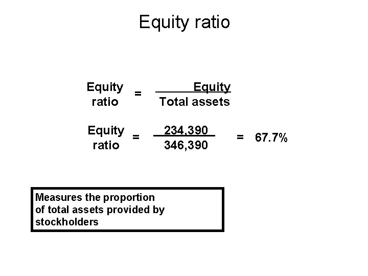 Equity ratio Equity = ratio Equity Total assets 234, 390 346, 390 Measures the