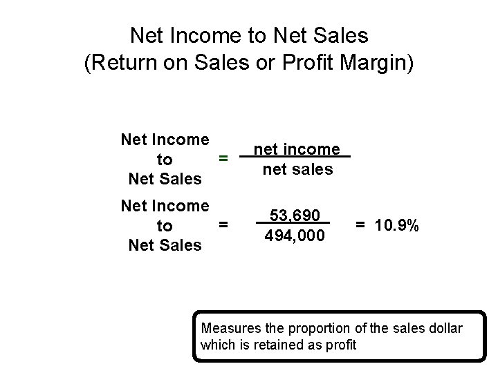 Net Income to Net Sales (Return on Sales or Profit Margin) Net Income =