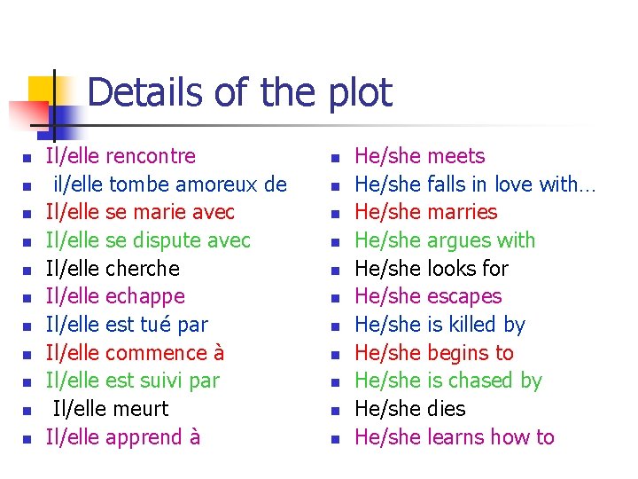 Details of the plot n n n Il/elle rencontre il/elle tombe amoreux de Il/elle