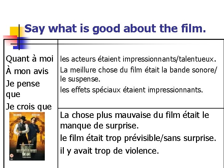 Say what is good about the film. Quant à moi À mon avis Je