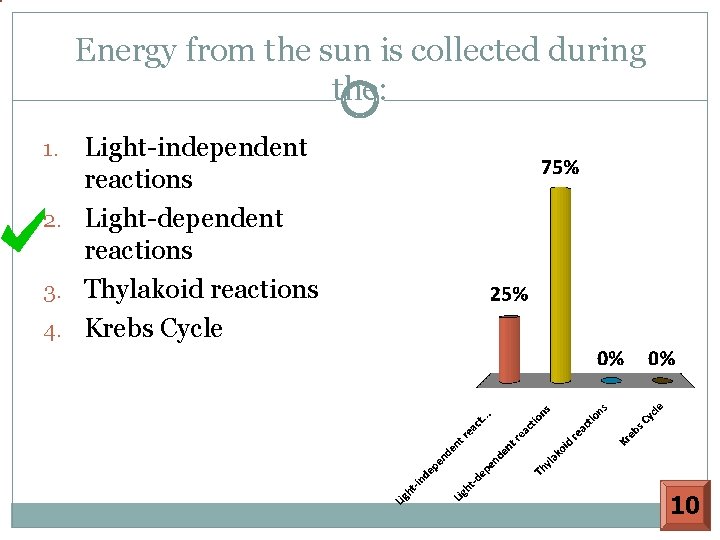 Energy from the sun is collected during the: Light-independent reactions 2. Light-dependent reactions 3.
