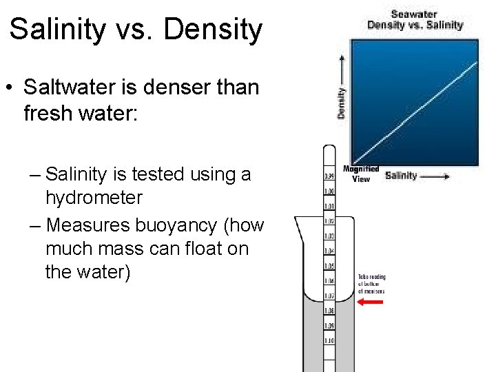 Salinity vs. Density • Saltwater is denser than fresh water: – Salinity is tested