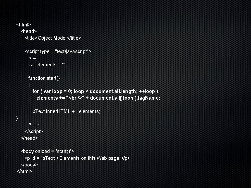 <html> <head> <title>Object Model</title> <script type = "text/javascript"> <!-var elements = ""; function start()