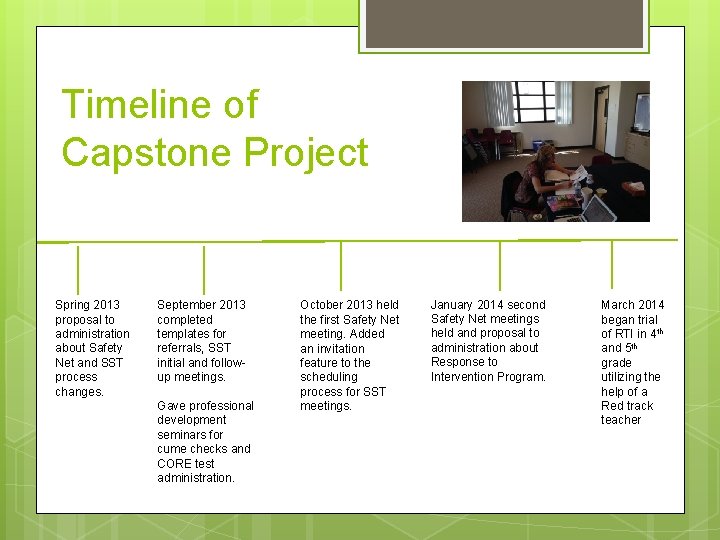 Timeline of Capstone Project Spring 2013 proposal to administration about Safety Net and SST